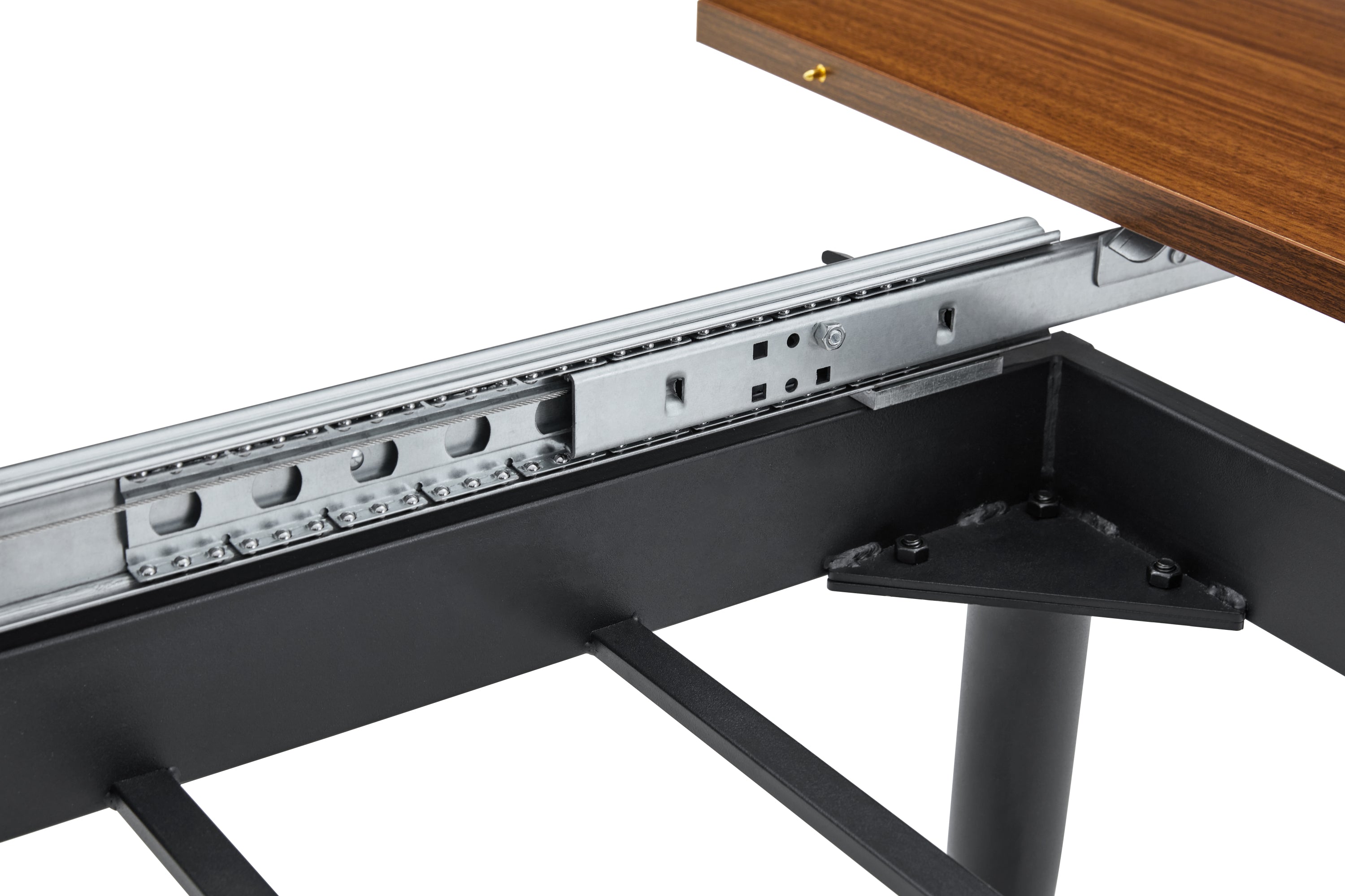 Close-up of the metal slide-rail extension mechanism under the black underframe