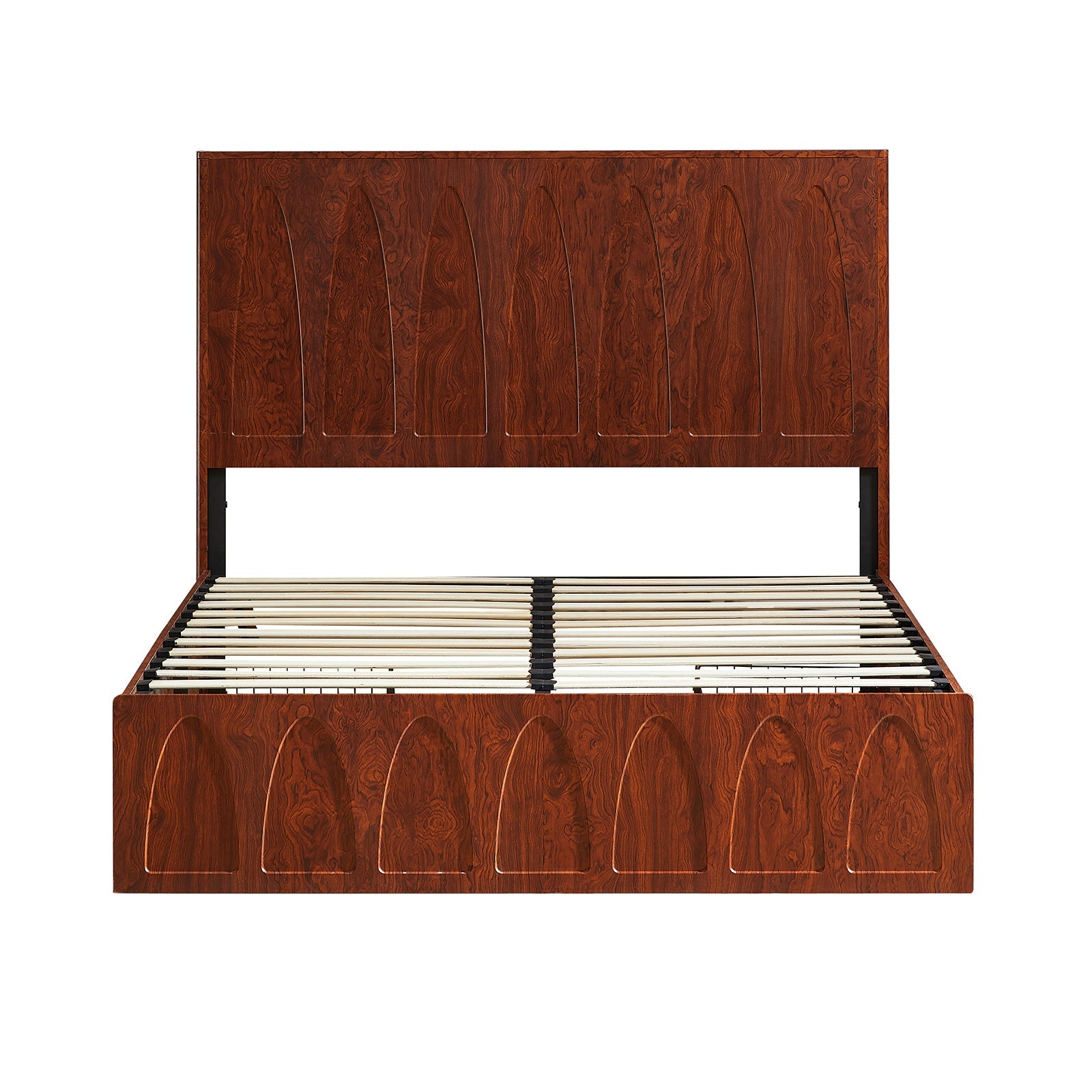 Front bare dark reddish-brown burl wood queen frame with exposed slats and arched headboard, on white #Color_Natural