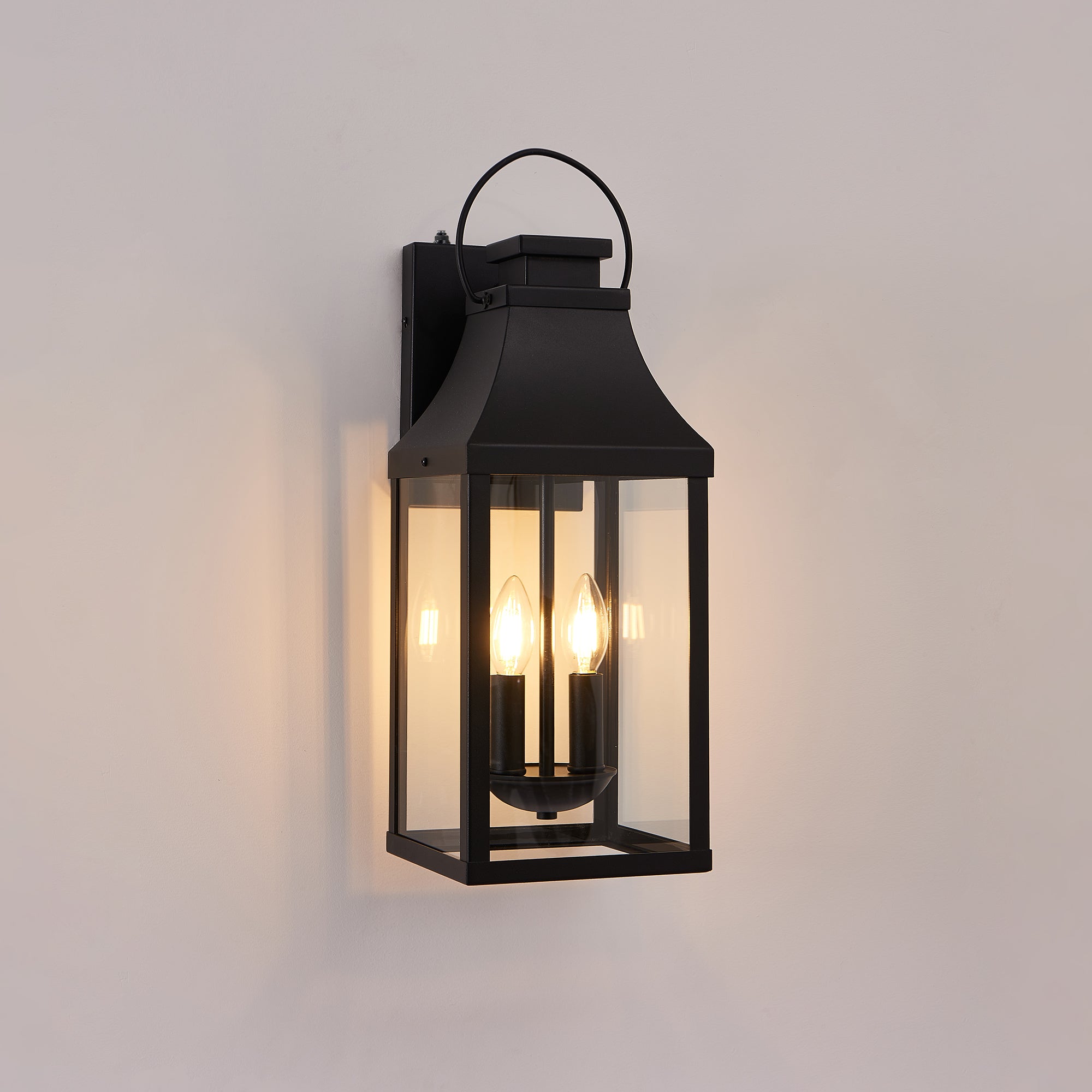 Outdoor Wall Lantern, 2-Light, 20 in, Dusk-to-Dawn, Black