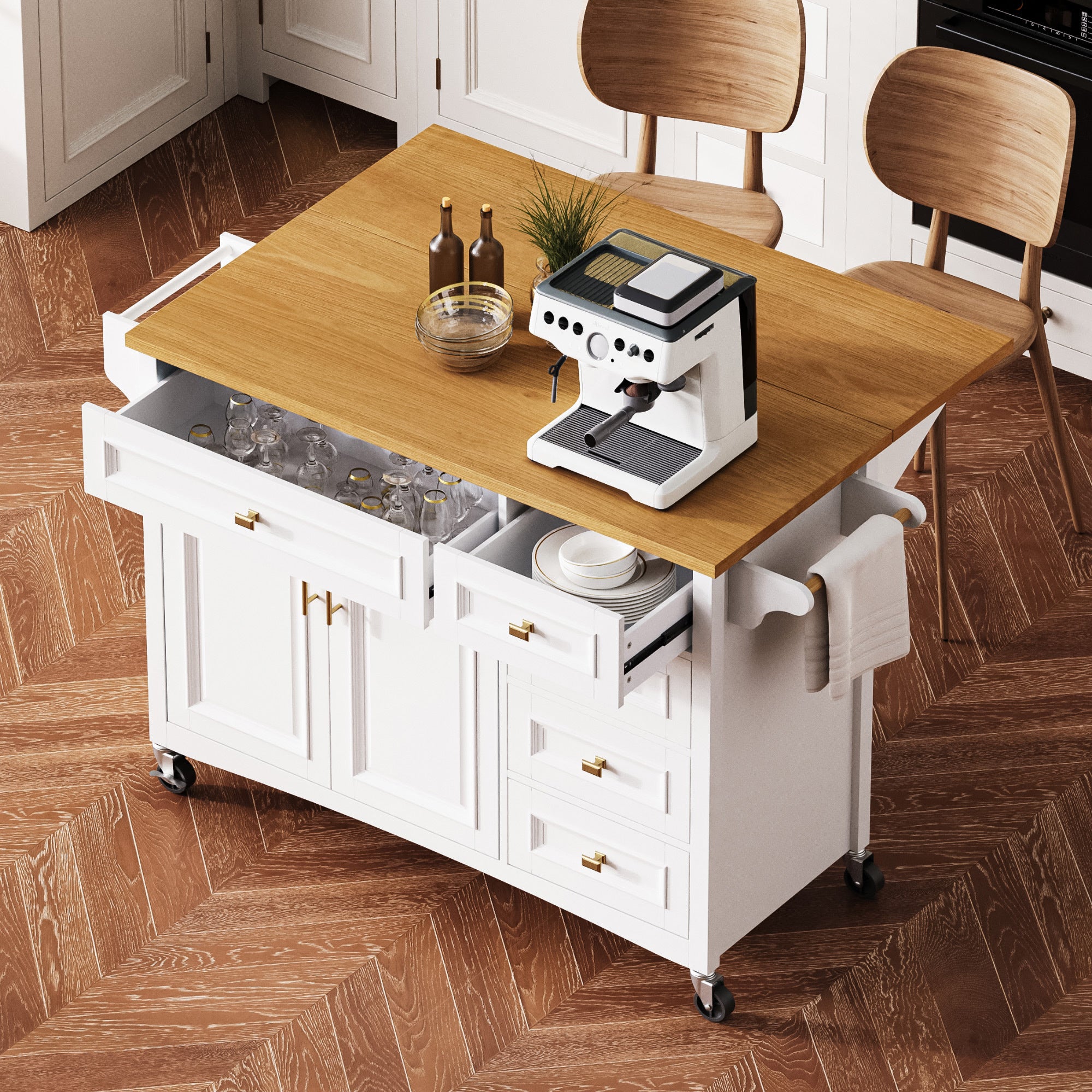 Embossed White Kitchen Island with Drop Leaf & 5 Drawers