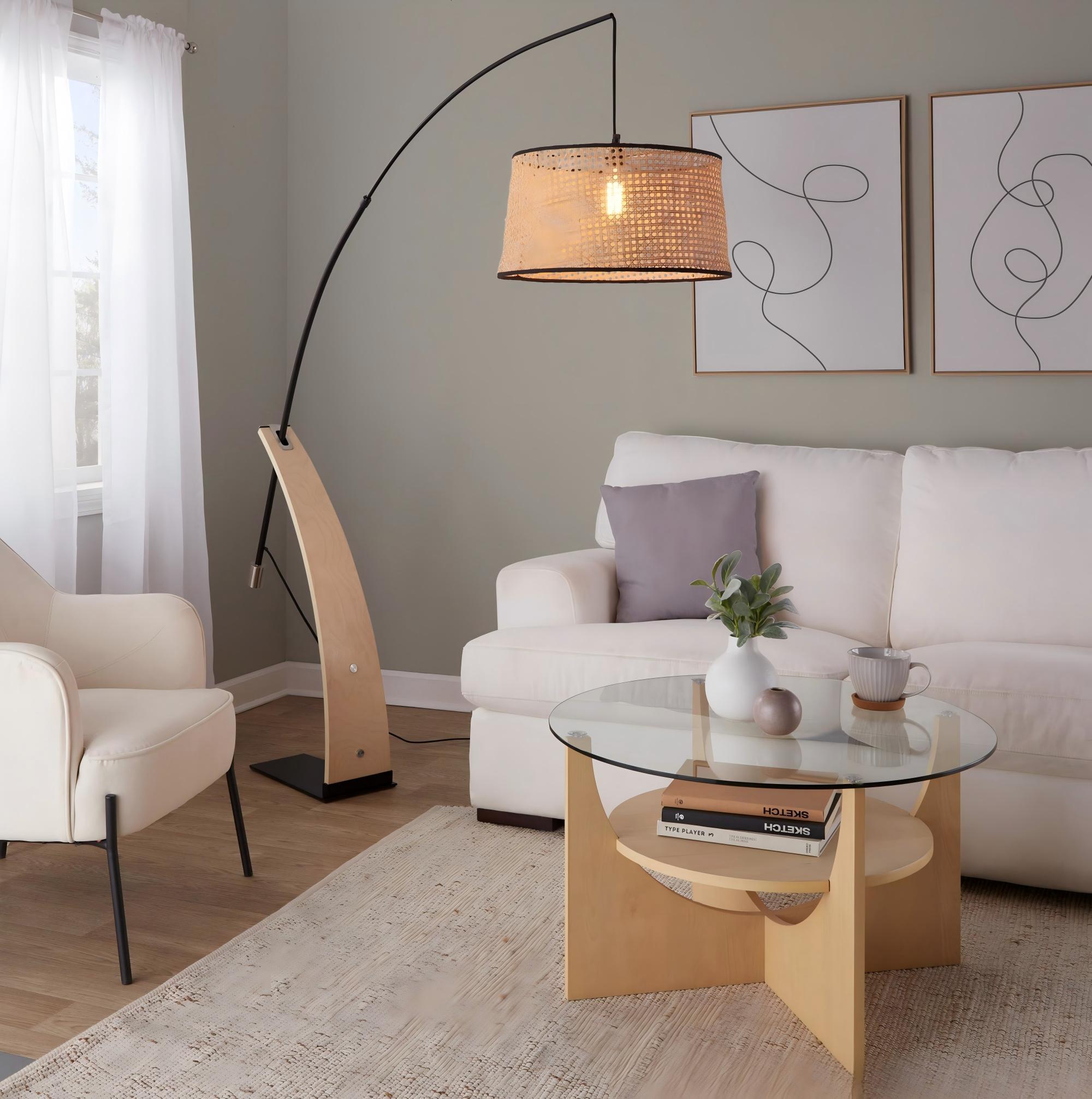 Mid-Century Floor Lamp with Rattan Shade in Natural Wood and Black