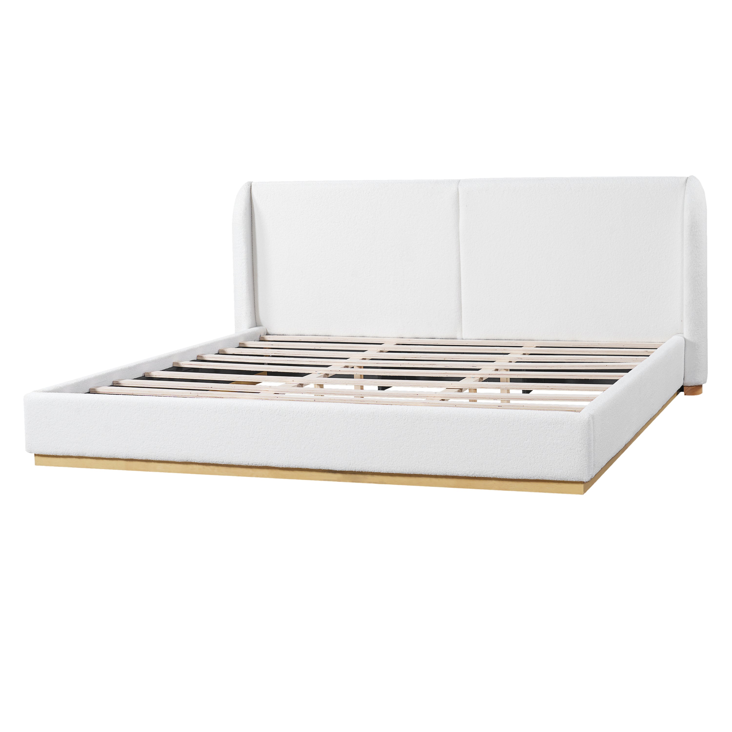 Side profile of white bouclé king bed frame with wood base and slats