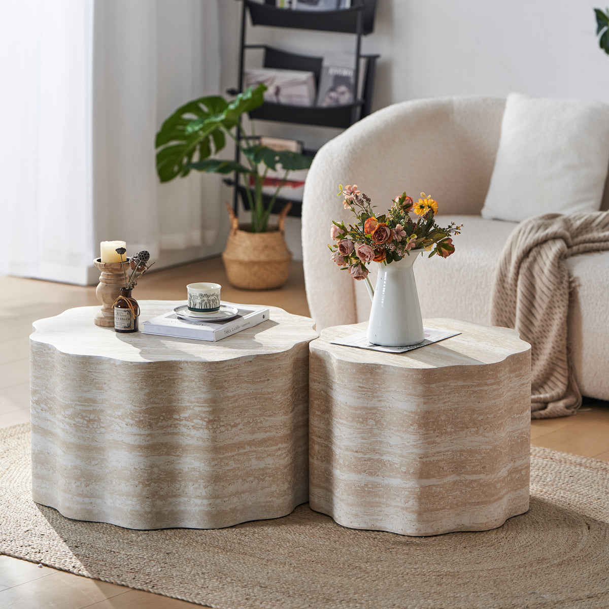 Beige Round Coffee Table, Set of 2, 26.8 in