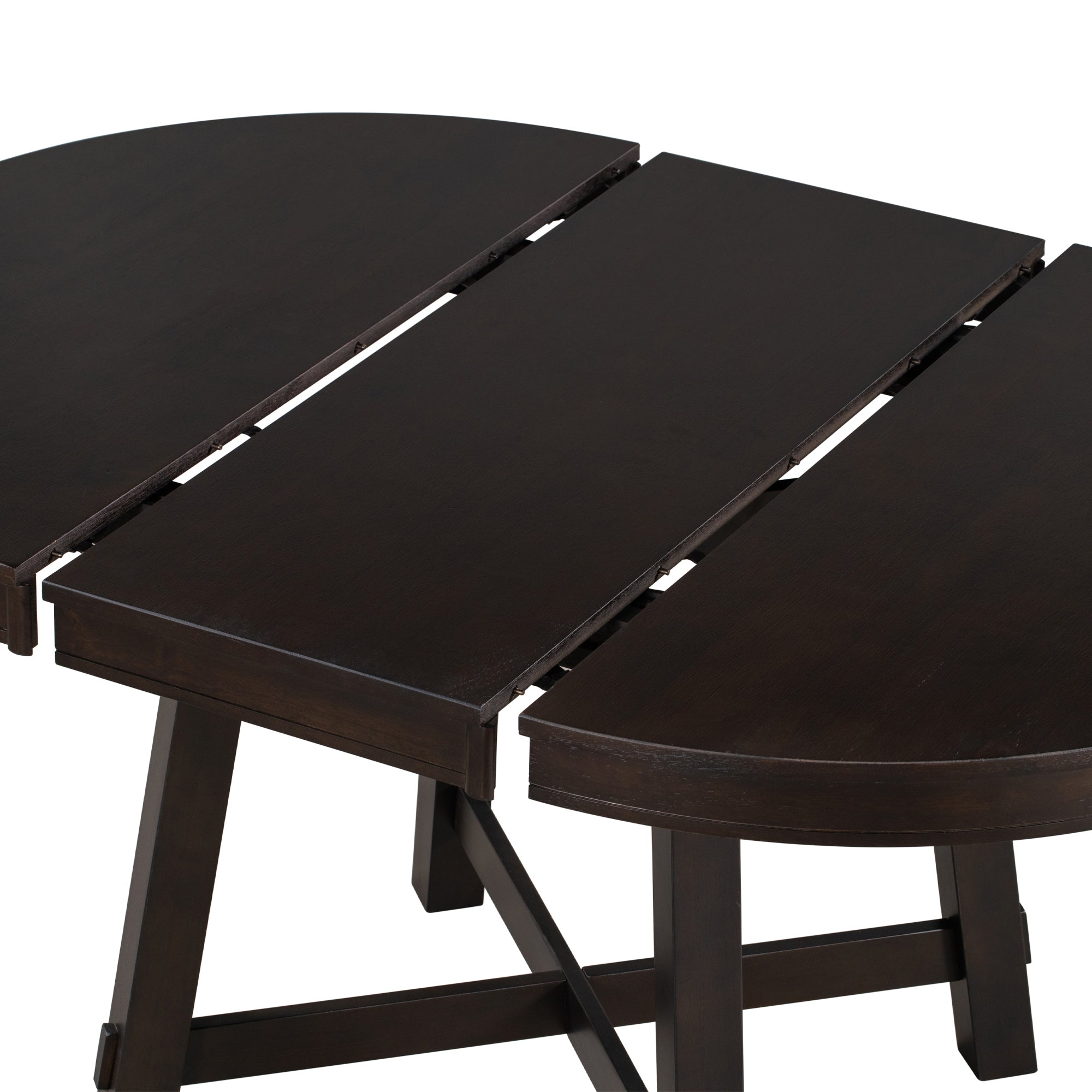 Close-up of the extension slide rails with the tabletop panels pulled apart