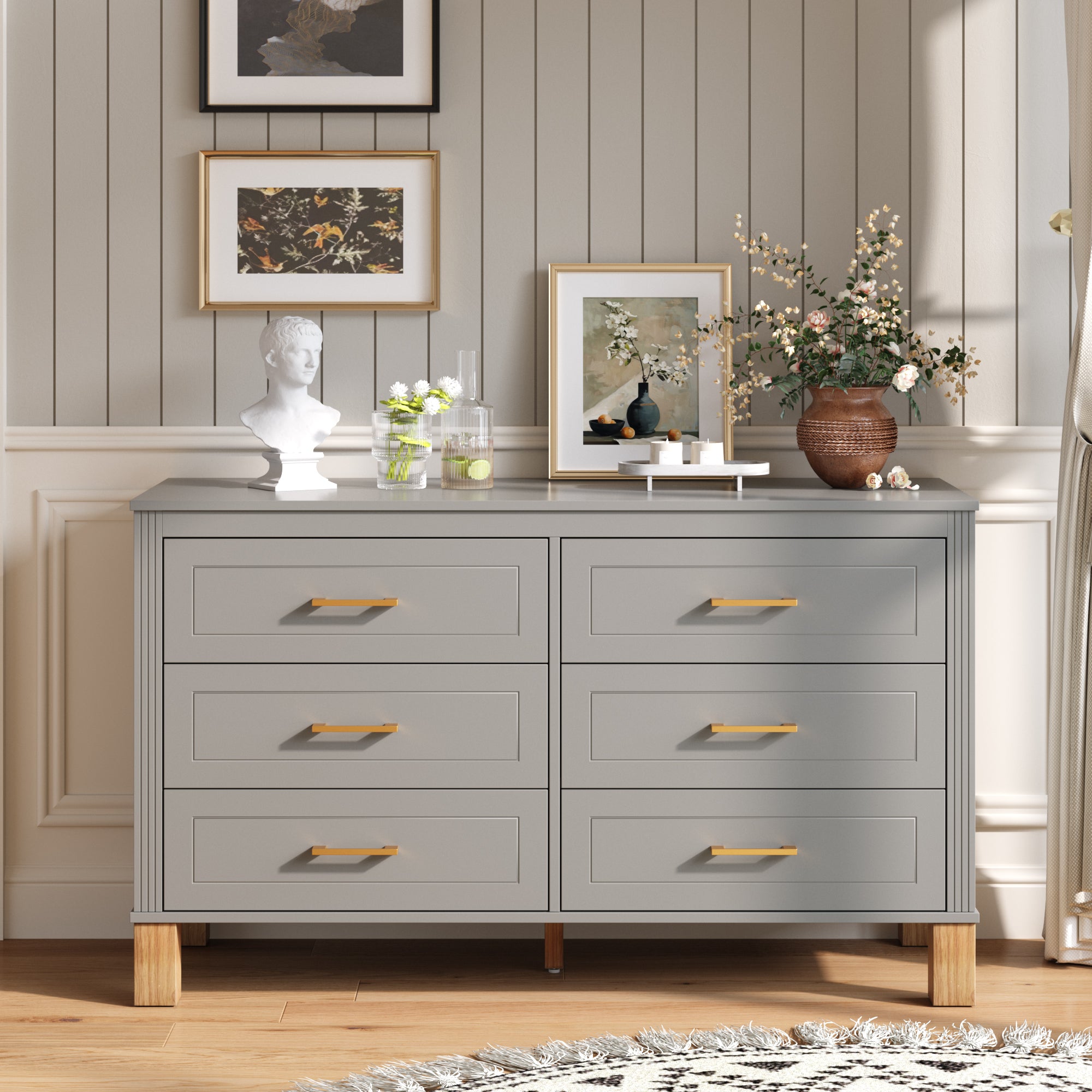 6 Drawer Wood Dresser with Metal Handles, Gray