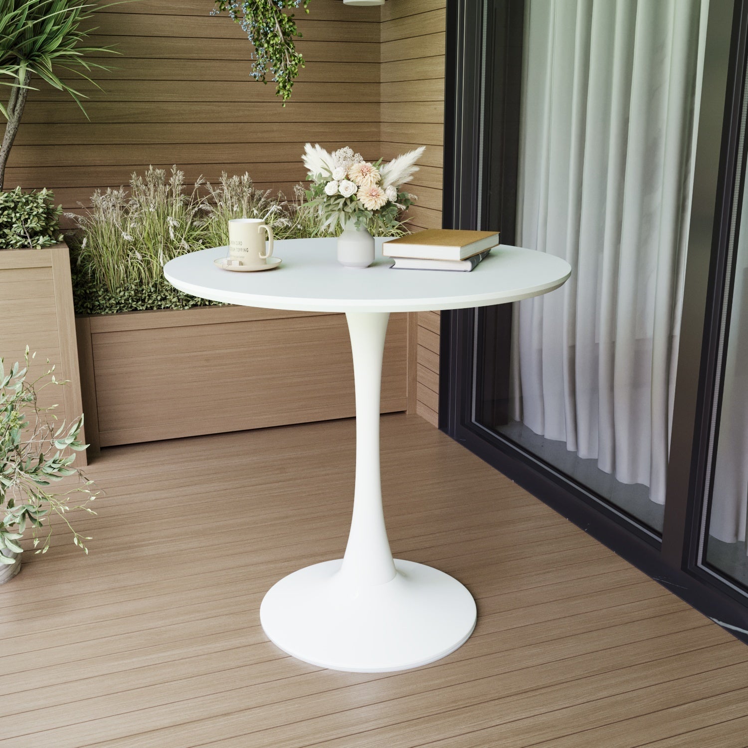 White tulip dining table on a wood-paneled patio, set with a mug and flowers, three-quarter view