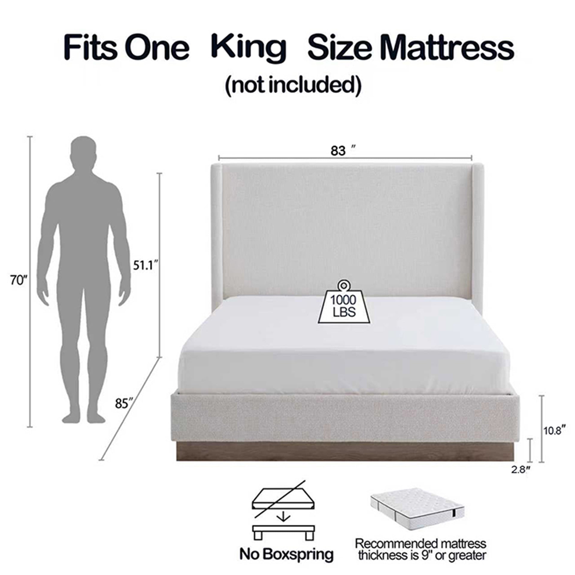 Cream king bed with wingback headboard, angled bedroom view