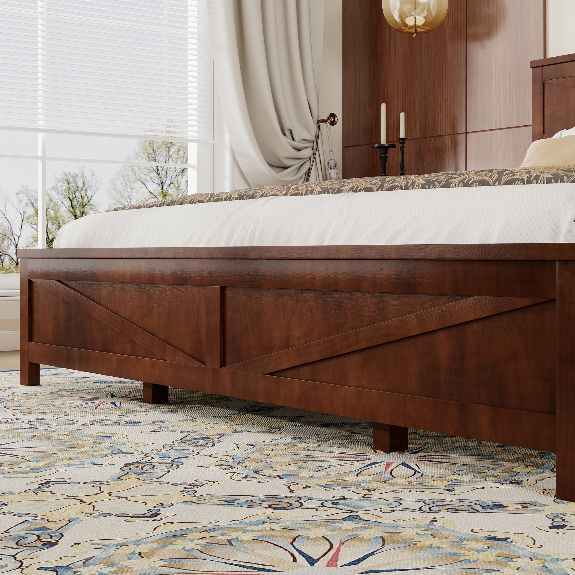 Angled view of farmhouse walnut king bed frame with wood slats