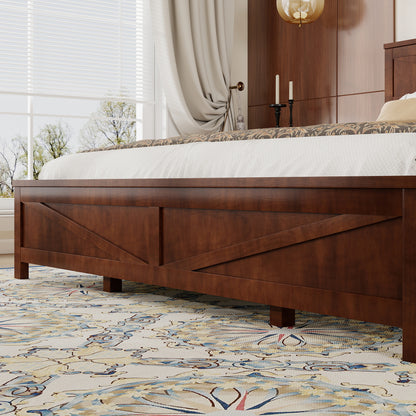 Angled view of farmhouse walnut king bed frame with wood slats