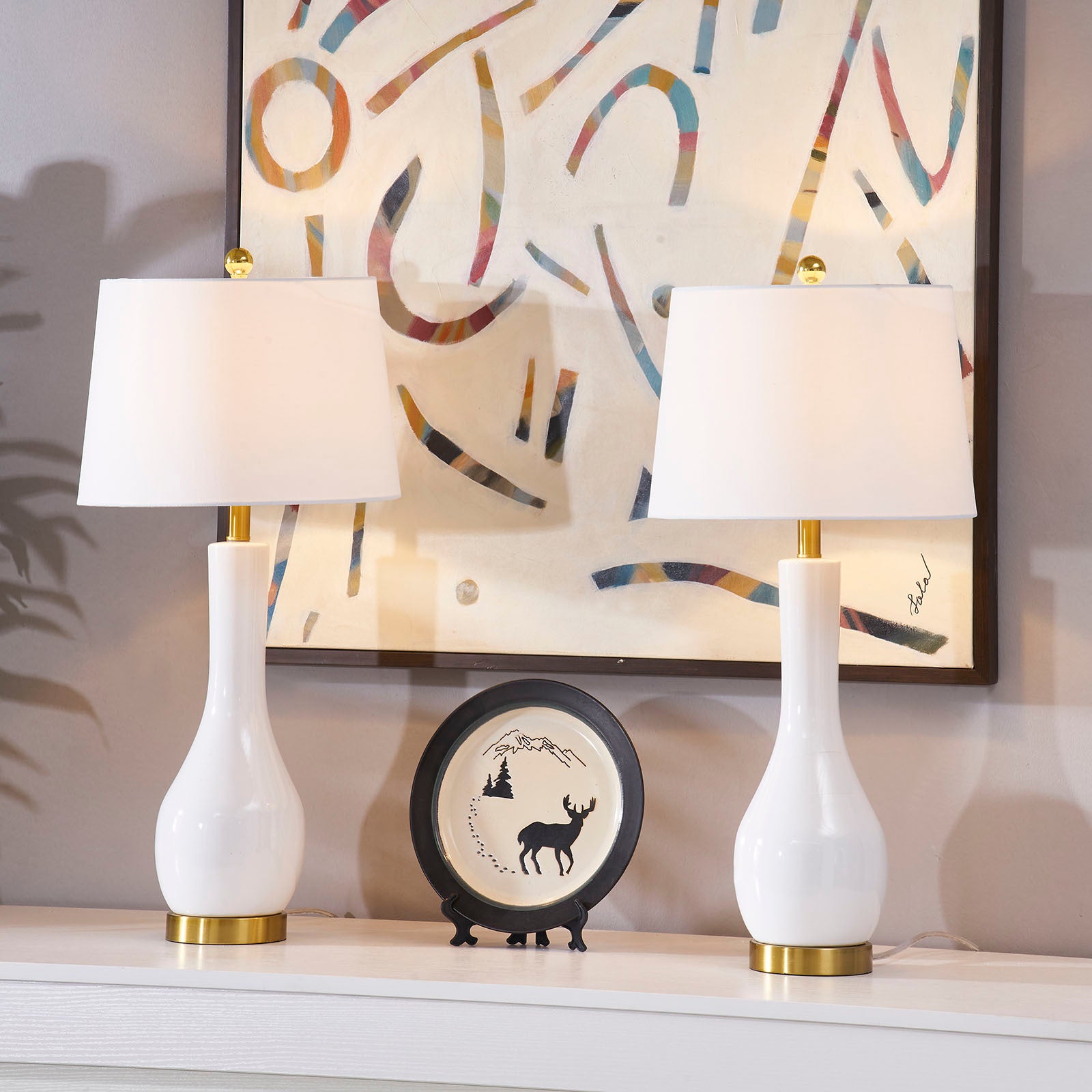 Table Lamp Set of 2, Ceramic with USB Port, White