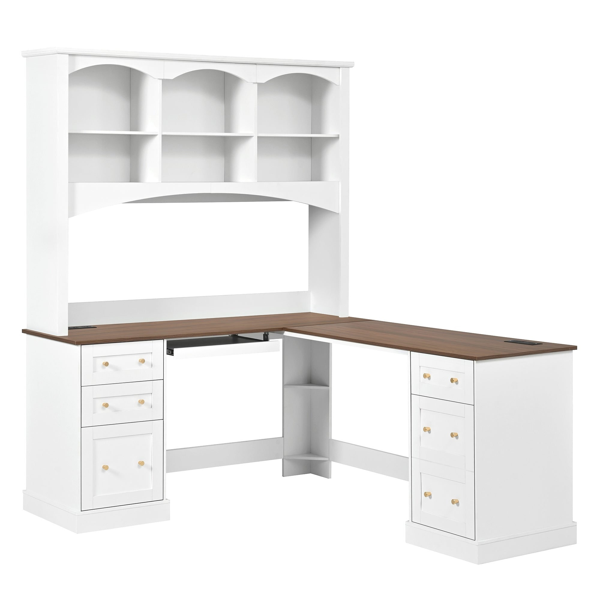 Computer Desk with Charging Station and Hutch, 68.9 in, Walnut