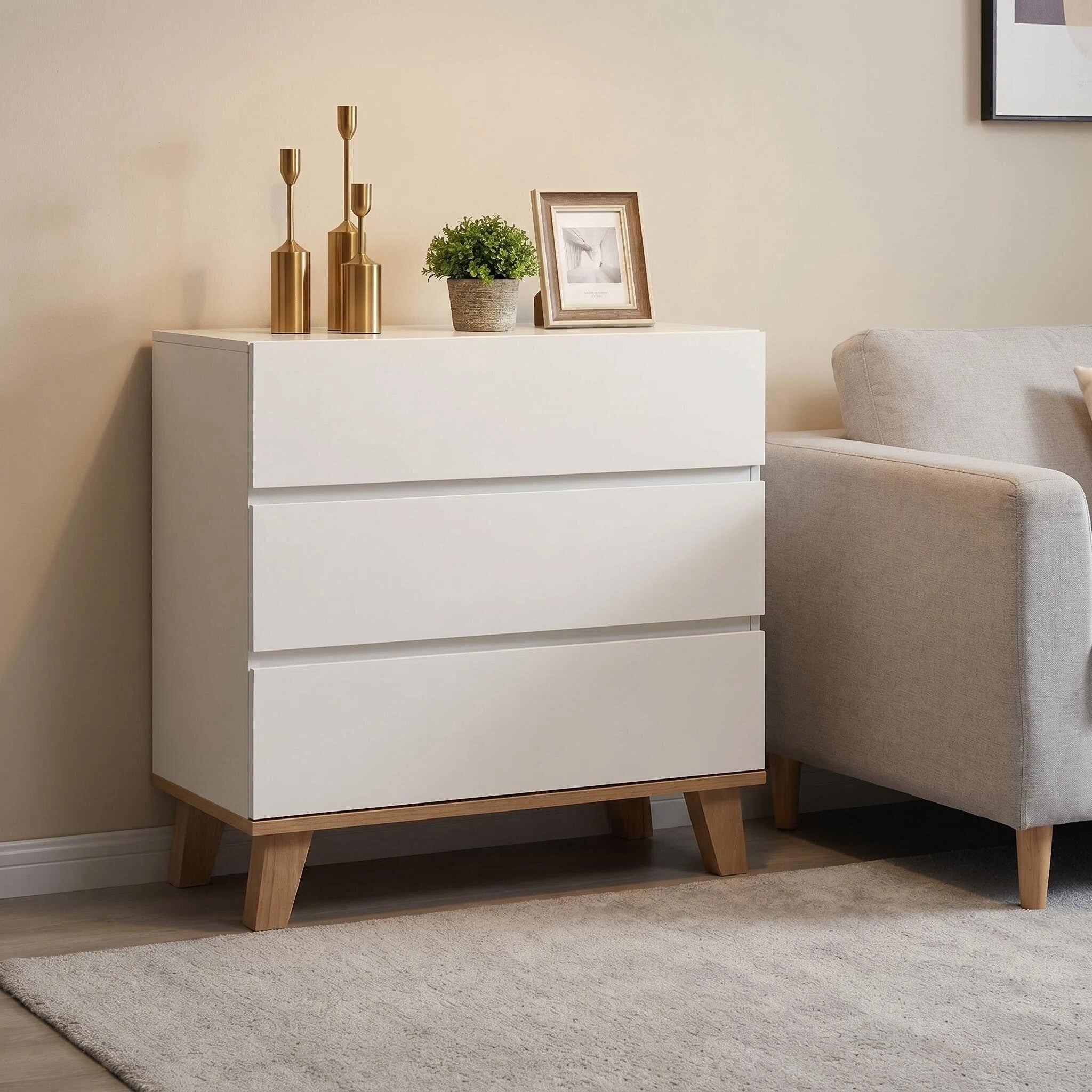 3 Drawer Dresser with Wood Legs, Handle-Free, White and Natural
