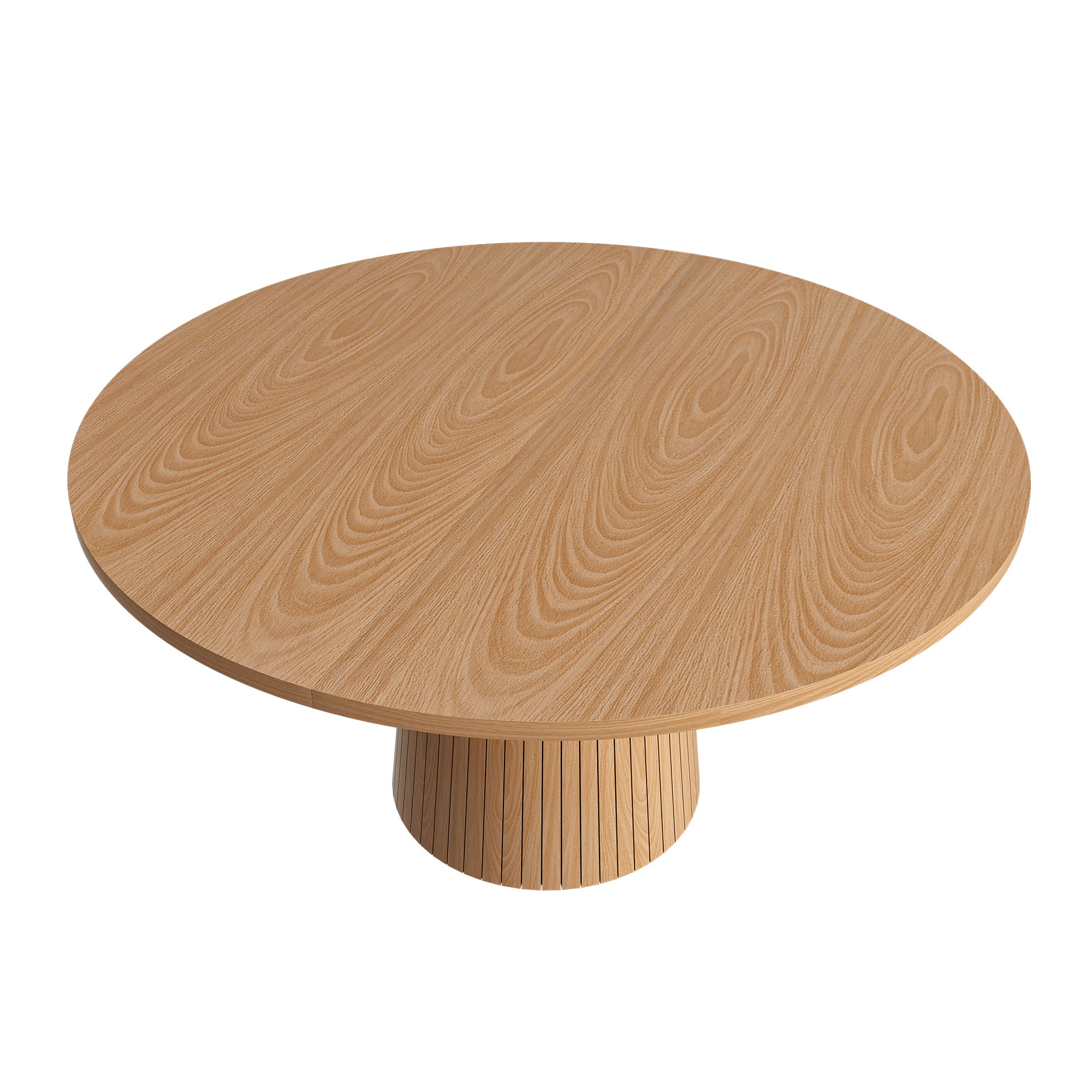 Angled studio view of the oak round dining table with its slatted conical pedestal base