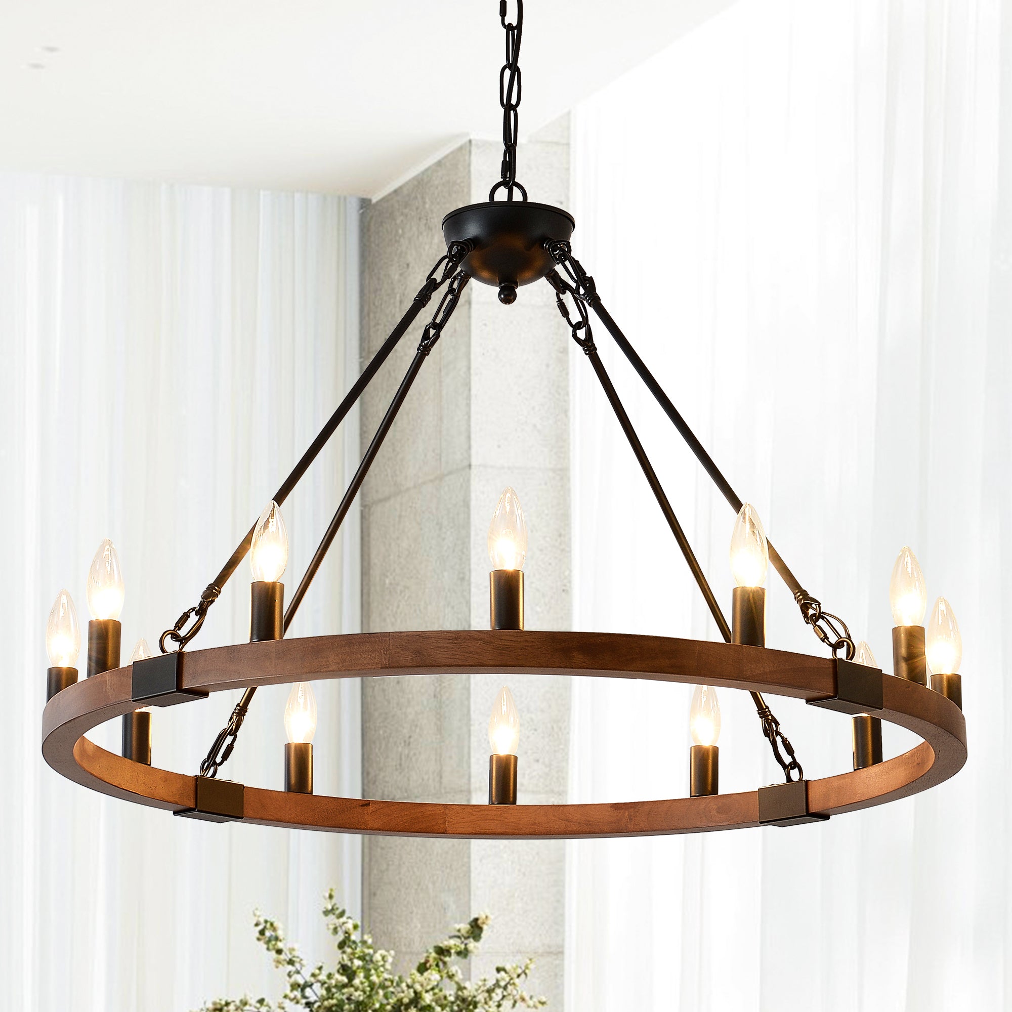 Chandelier, 12-Light Wagon Wheel Wood Traditional, Matte Black