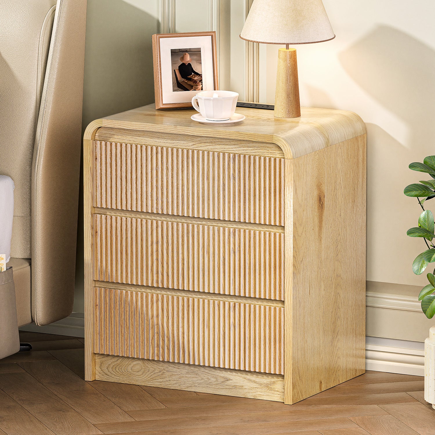 Fluted Nightstand with Charging Station, 3 Drawers, Natural