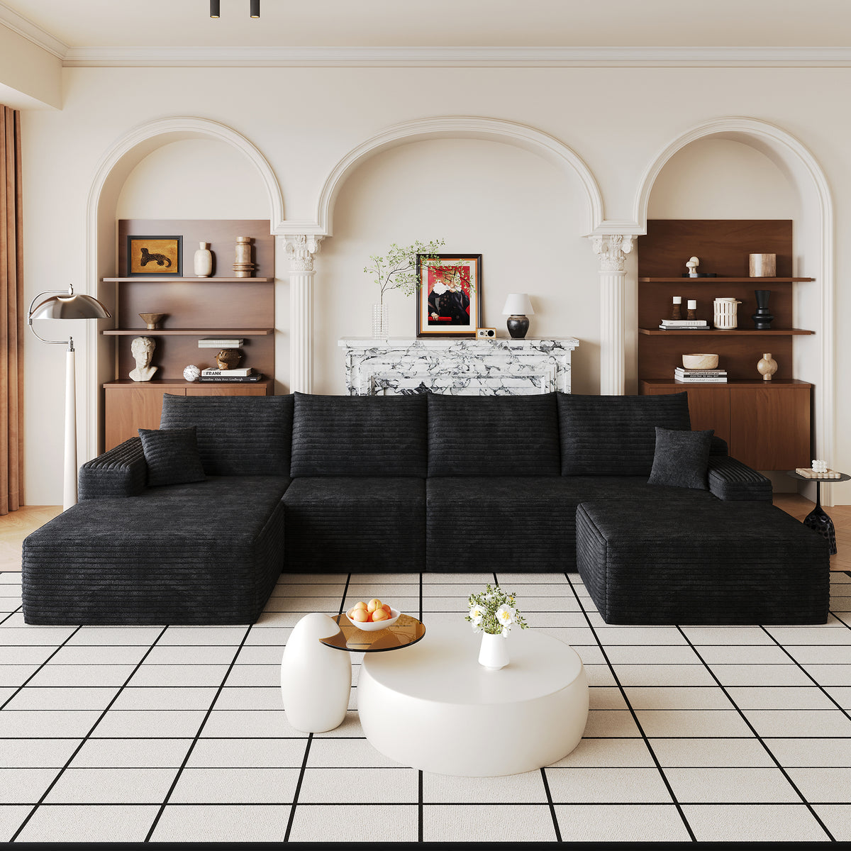 Black Corduroy U-Shaped Sectional, Left-Facing, 135 in Wide