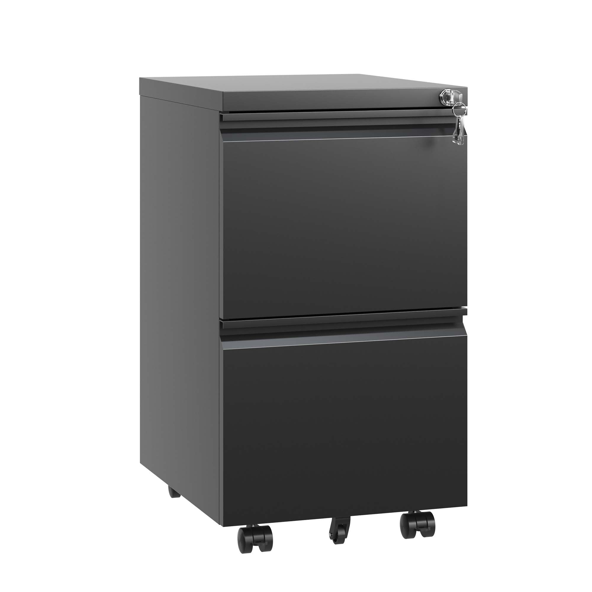 Rolling Modern File Cabinet with Drawers and Lock, 17.3 in, Black
