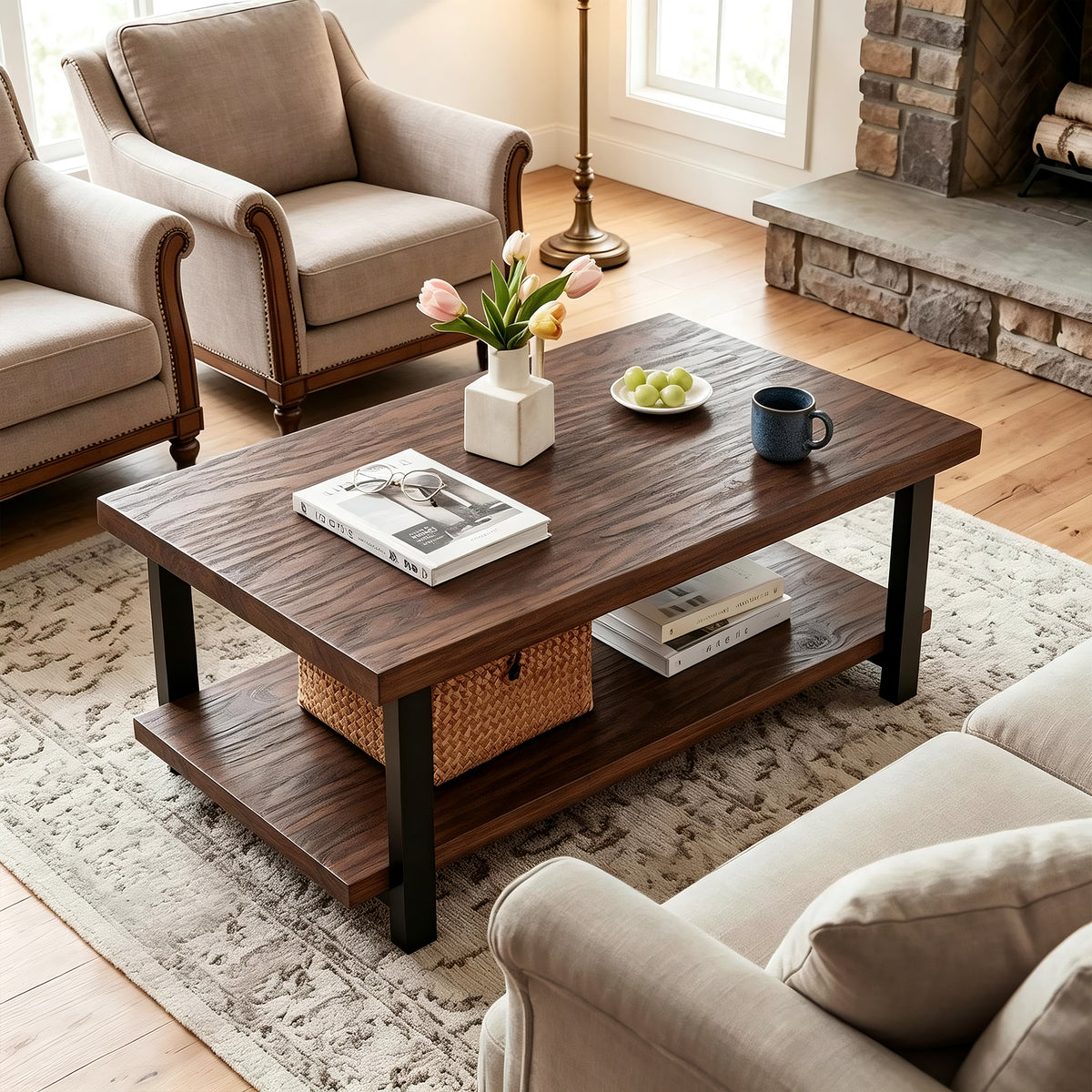 Walnut Rectangular Coffee Table with Storage, 41.7 in