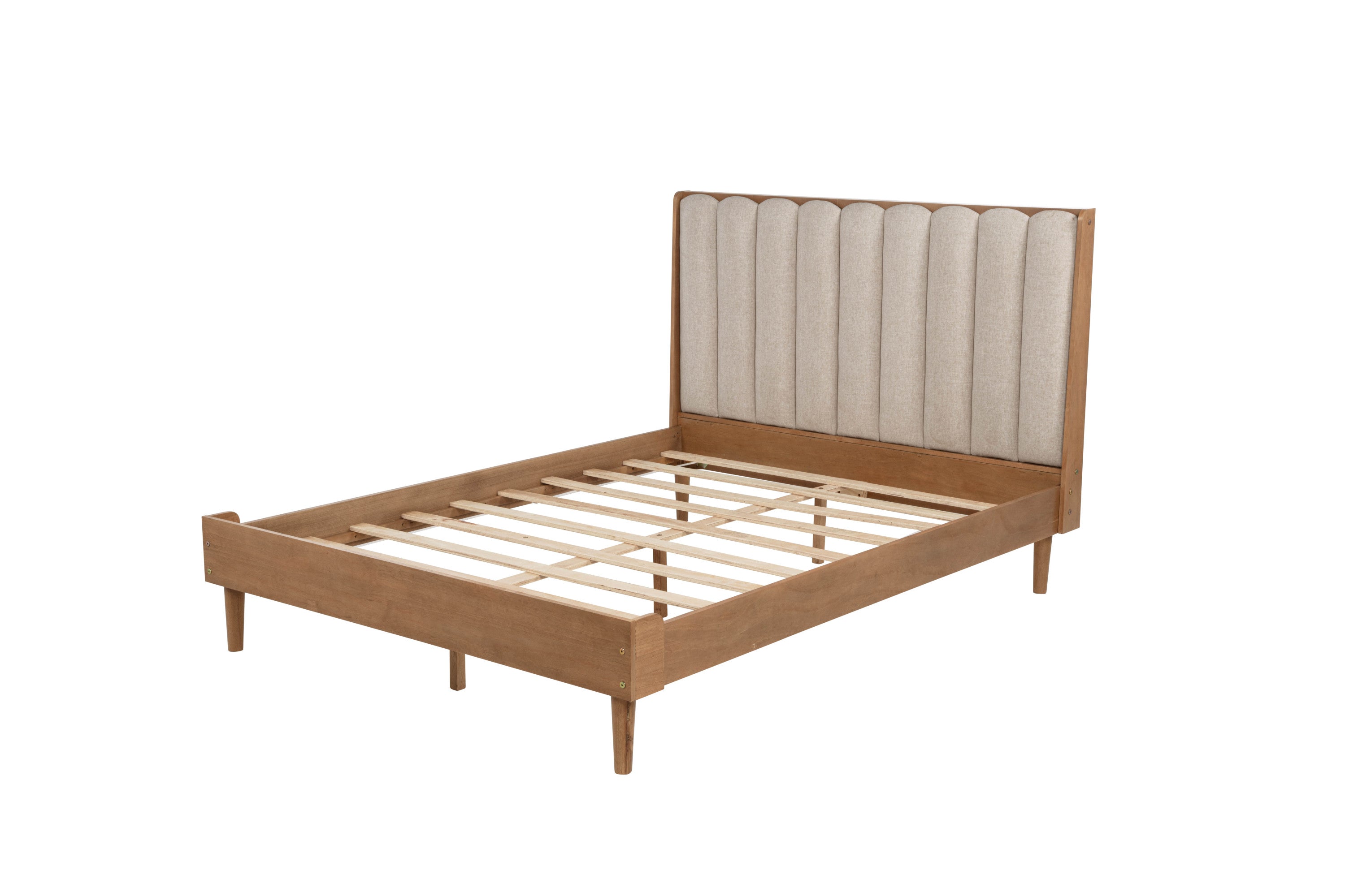 Angled studio view of the bare wheat piano-key bed frame with wood slat platform and legs