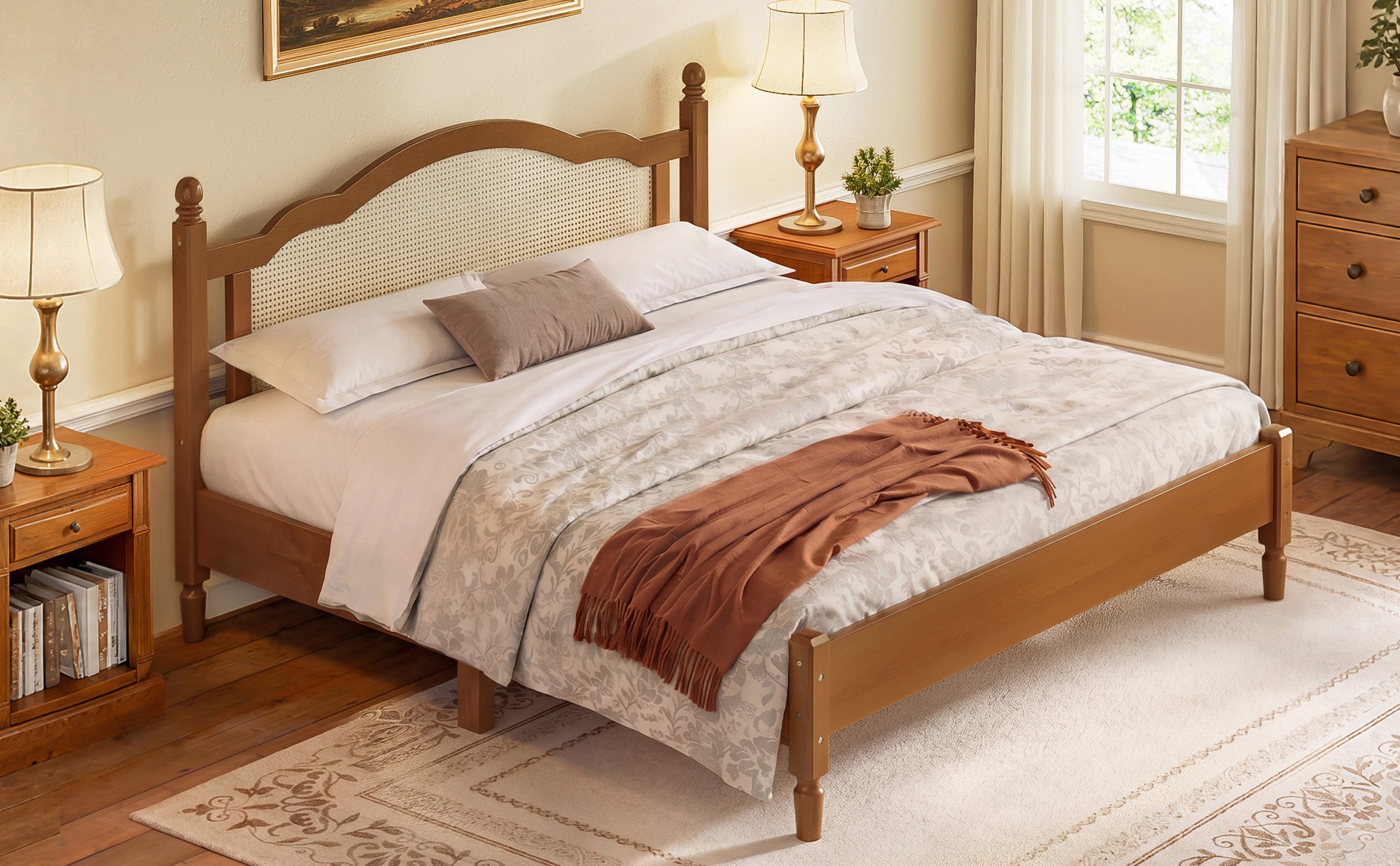 Walnut king bed frame with cane headboard styled in warm-toned bedroom