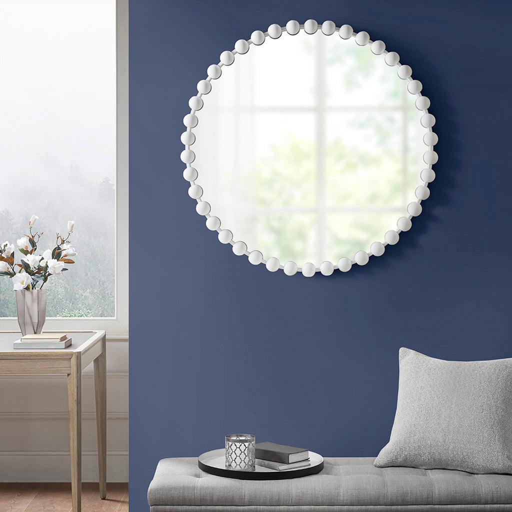 Beaded Round Mirror, 36 Inch White