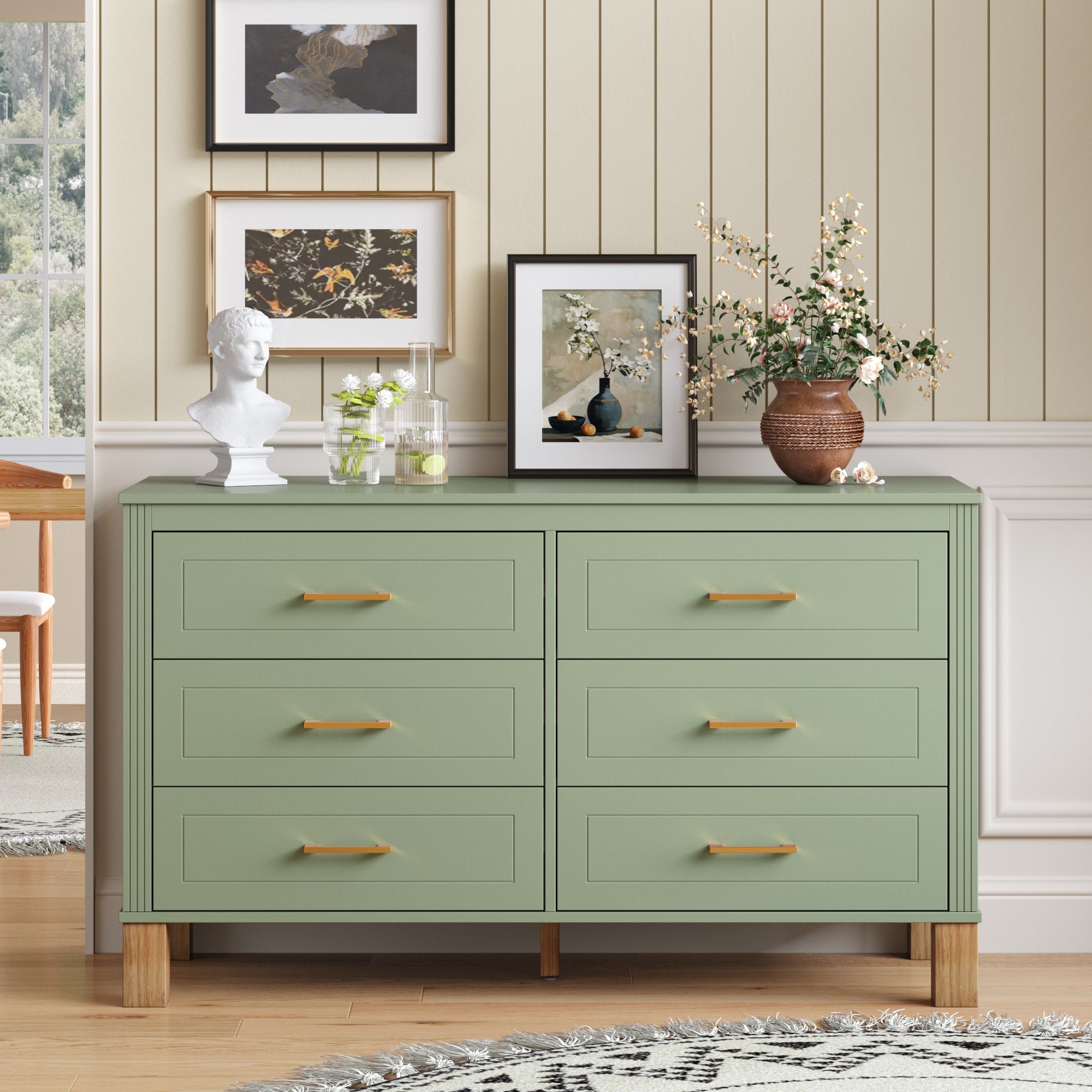 6 Drawer Dresser with Metal Handles, Sage Green