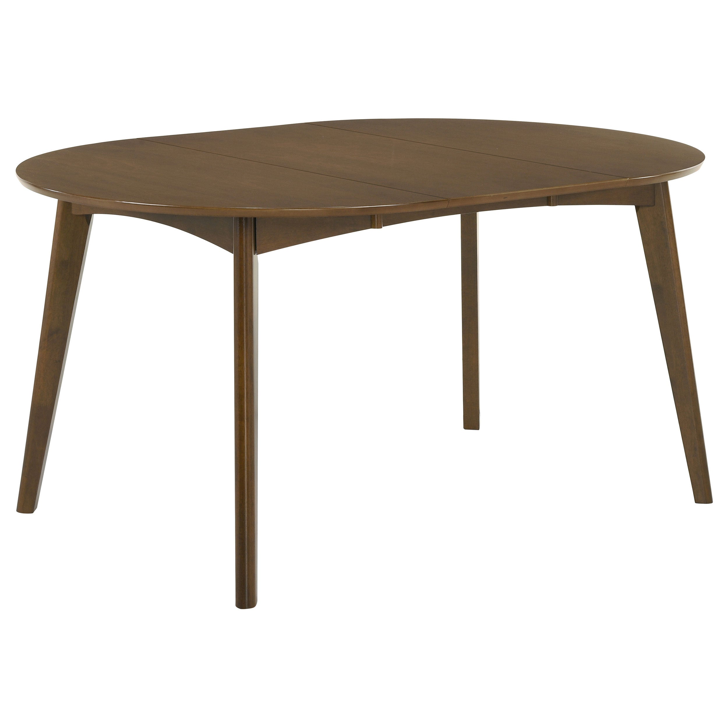 Walnut oval dining table with tapered legs, three-quarter view on white studio background