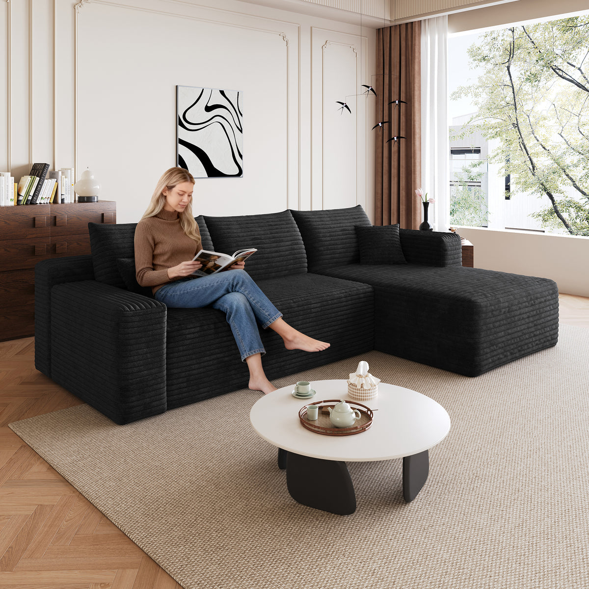 Black Corduroy L-Shaped Sectional Couch, No Assembly, 95 in Wide