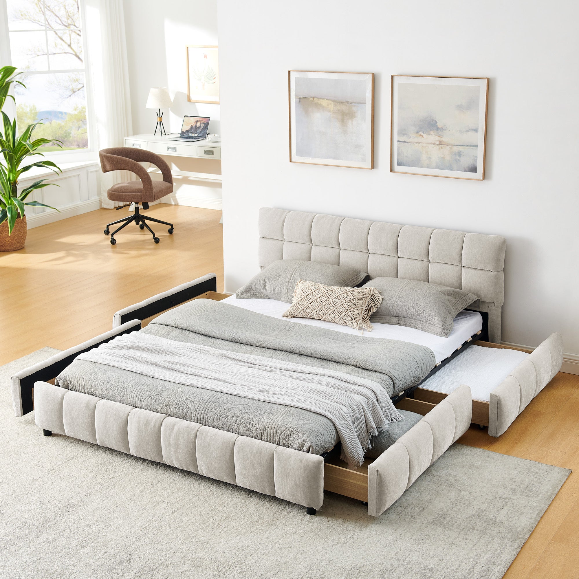 Styled beige chenille queen platform bed with grid-tufted headboard and gray bedding in a bright bedroom