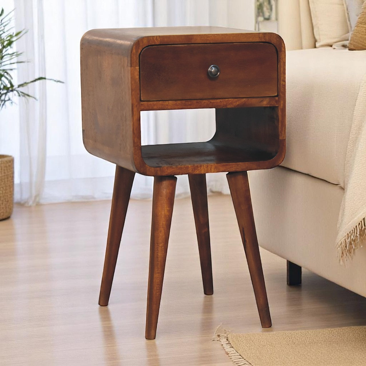Mini Solid Mango Wood Nightstand, 1 Drawer and Shelf