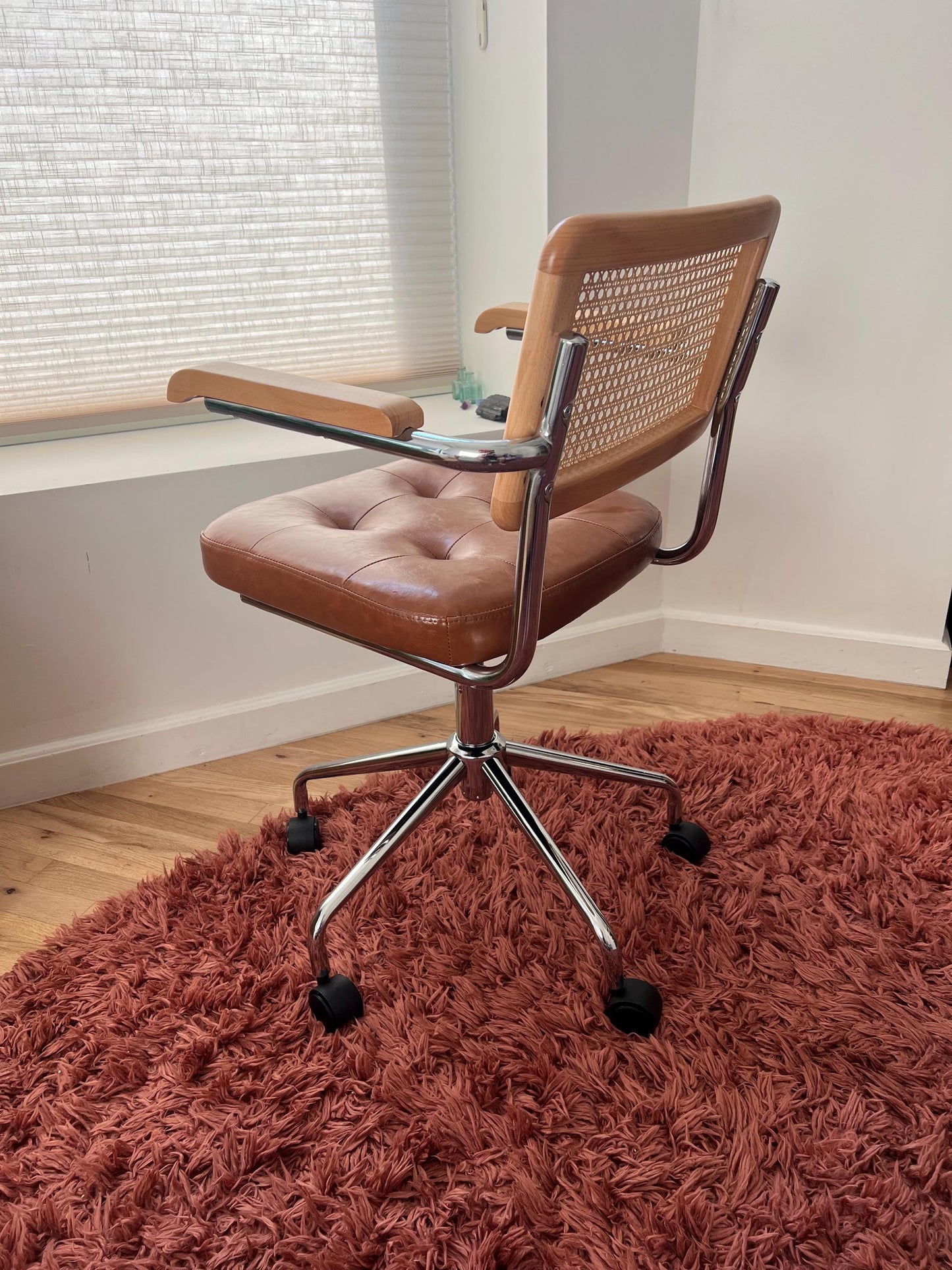 Mid Century Modern Desk & Office Chair – Handwoven Rattan & Vegan Leather