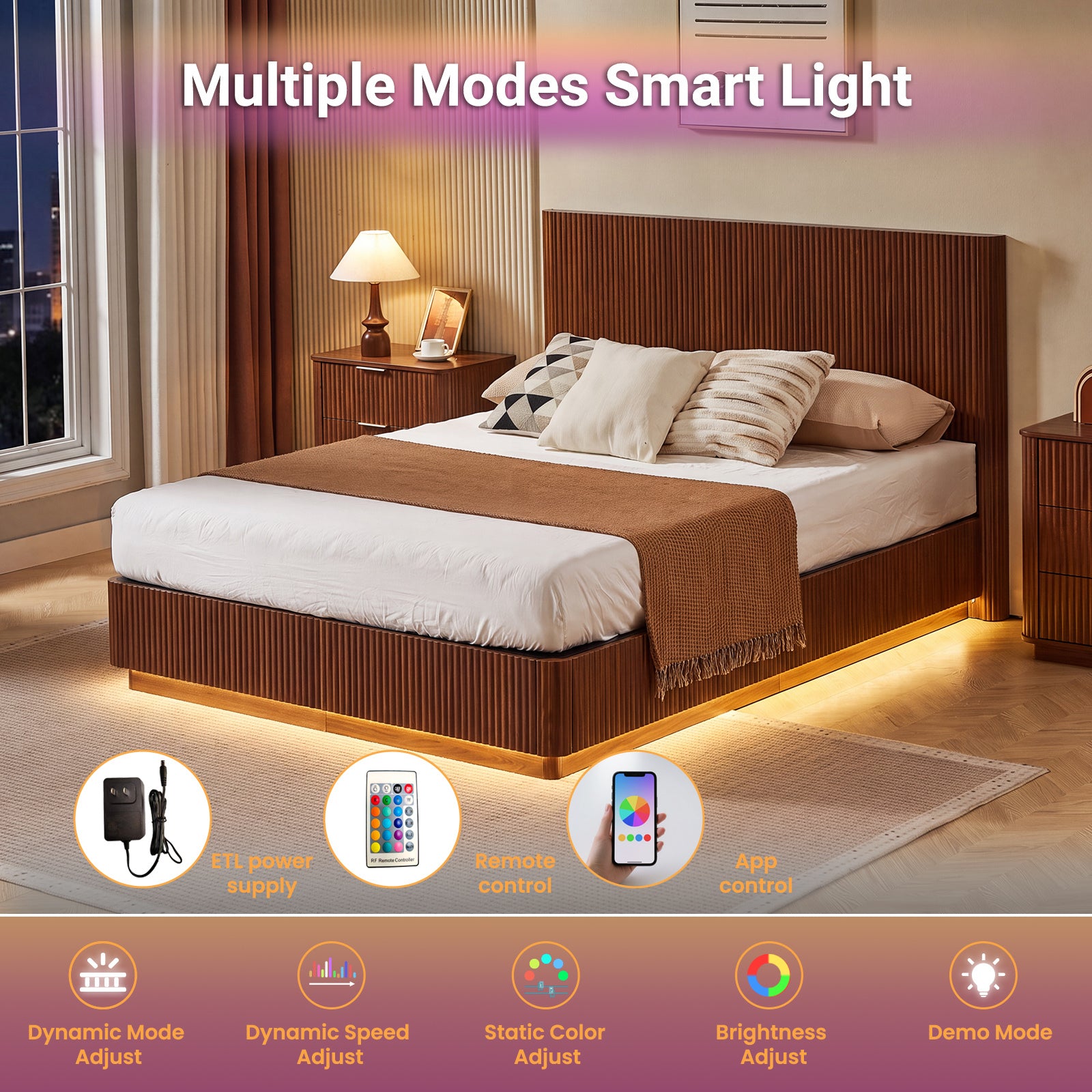 LED control graphic for the modern queen bed frame: remote, app, color modes and brightness settings #Color_Walnut