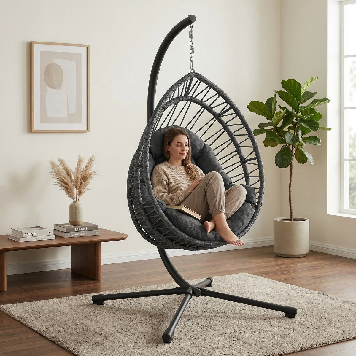 Dark Gray HDPE Hanging Egg Chair with Stand
