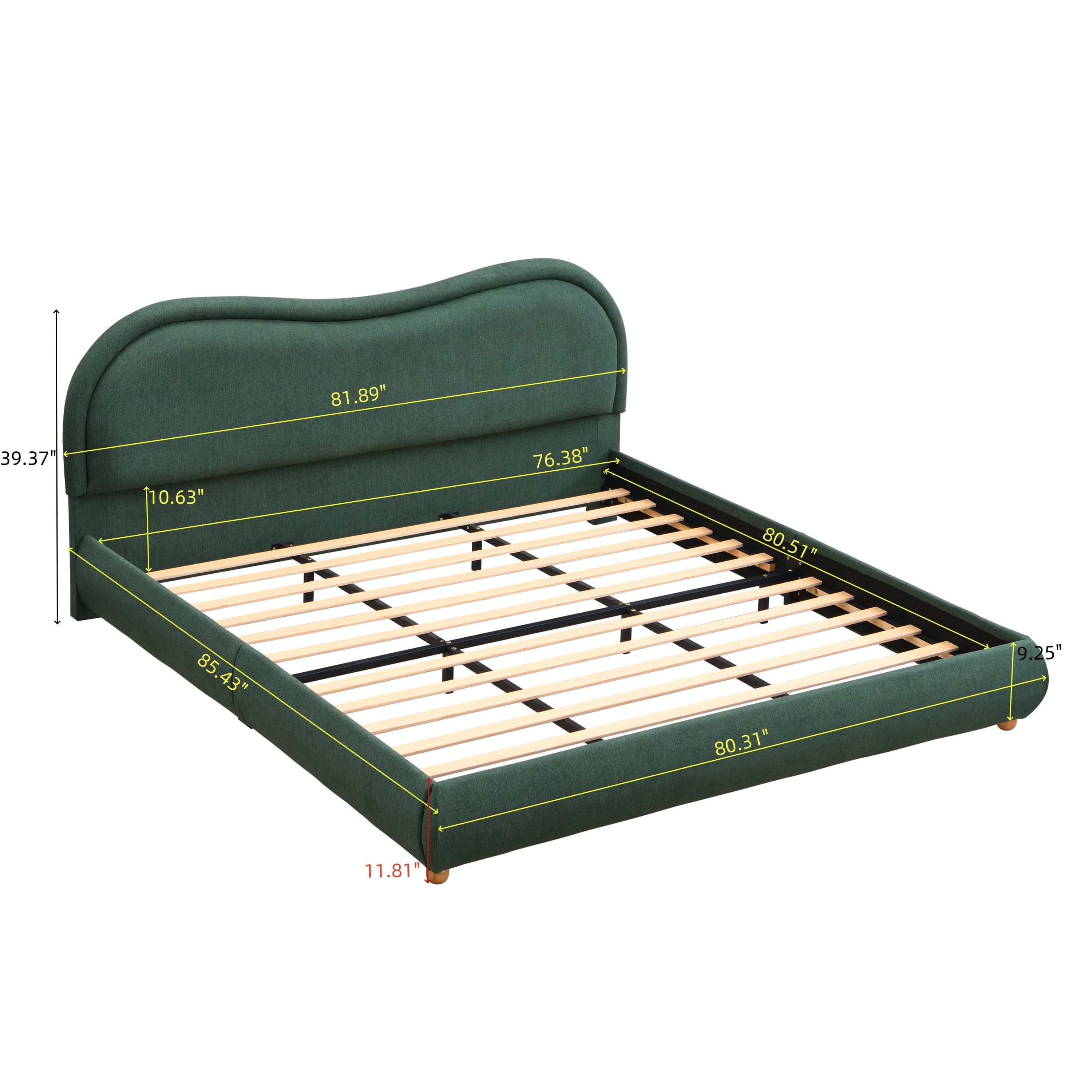Dimension diagram of olive green king bed frame, 81.89"W x 85.43"L