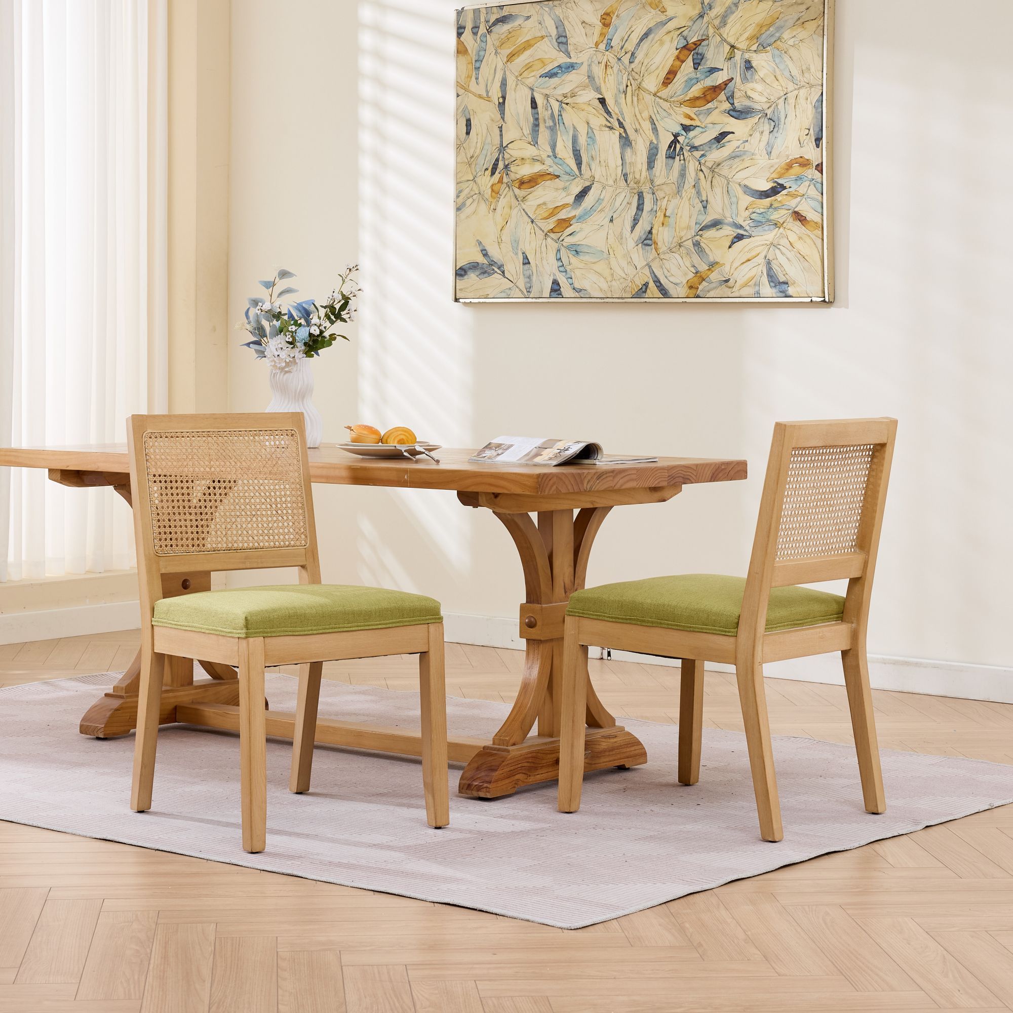 Cane-Back Dining Chairs Set of 2, Green Linen with Wood Frame