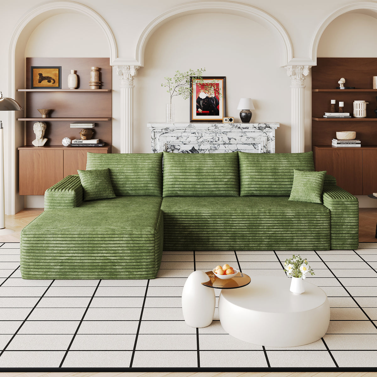Green Corduroy L-Shaped Modular Sectional, 107 in Wide, Left-Facing