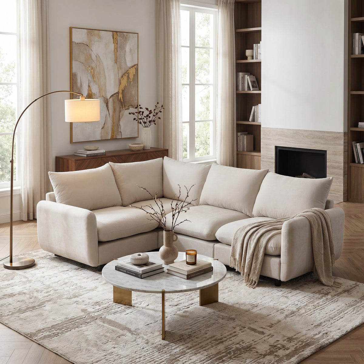 White L-Shaped Modular Sectional Couch, 99.5 in Wide