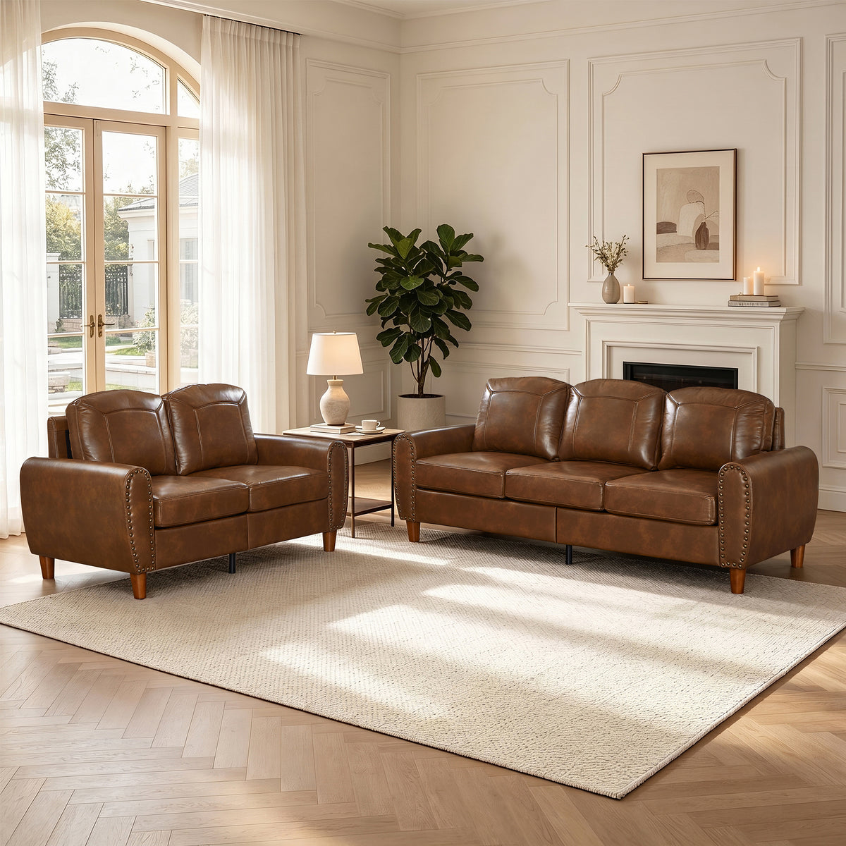 Brown Vegan Leather Sofa and Loveseat Set, Rolled Arms
