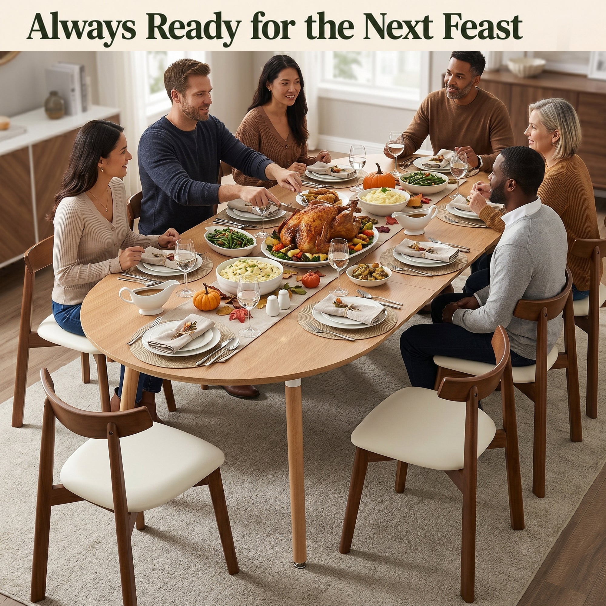 Family gathered around the oval extendable table for a feast in a bright dining room