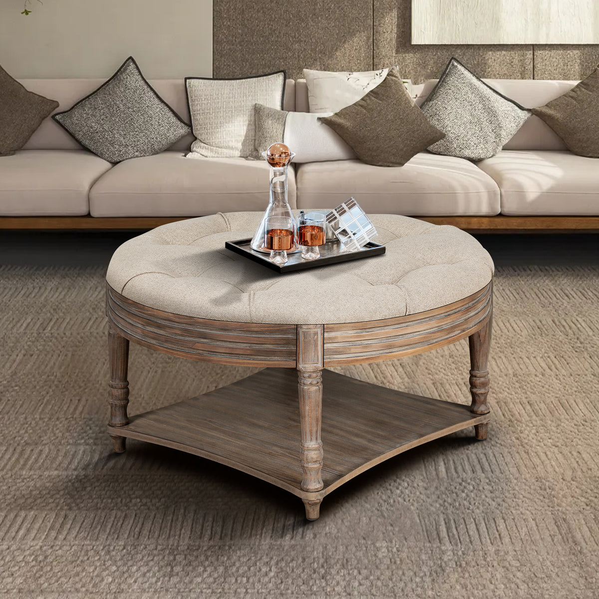 Gray Linen Round Tufted Storage Ottoman, Coffee Table, 31.5 in