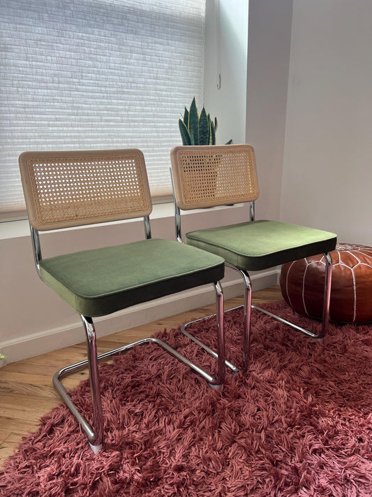 Midcentury Modern Dining Chair Set of 2 - Green Velvet with Rattan Accents