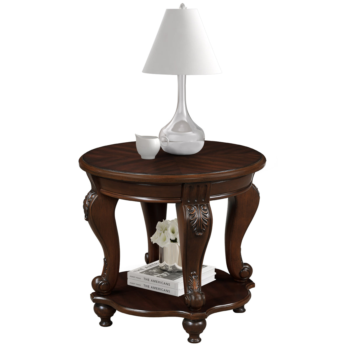Cherry Round Side Table with Storage, 22 in