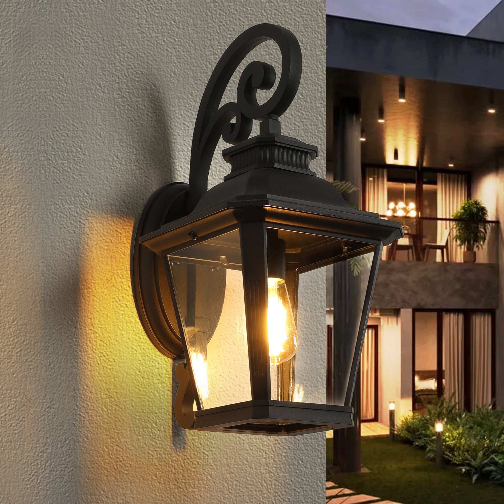 Outdoor Wall Sconce, Aluminum and Glass Shade, Black