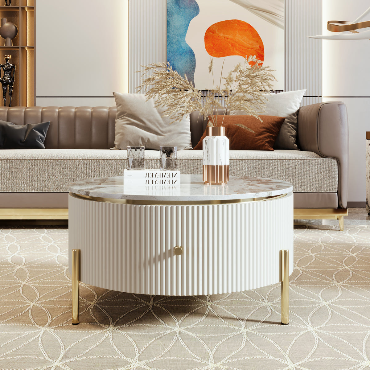White Round Coffee Table with Storage, 31.5 in