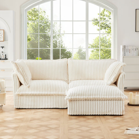 Slipcovered Sectional 2 Seater Sofa Couch with Convertible Ottoman, Wide and Deep Seat L Shaped Sofa with Detachable Cover and Soft Multiple Big Pillows,Cream Corduroy Fabric