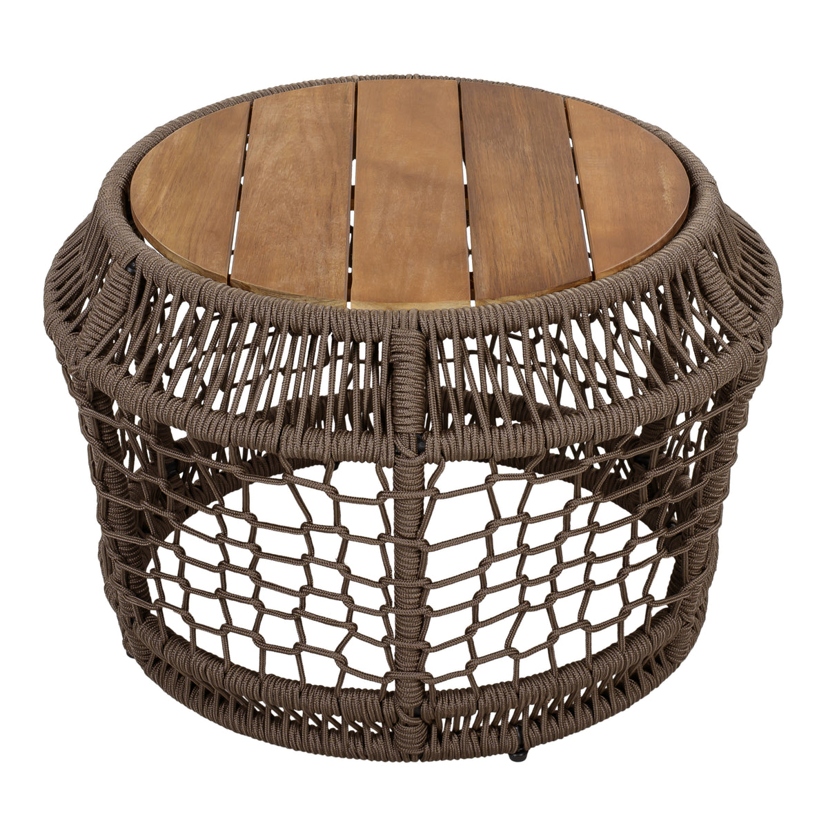Round Outdoor Side Table, Teak Finish Wood Top, Grey Rope Frame, 17.3 in Tall