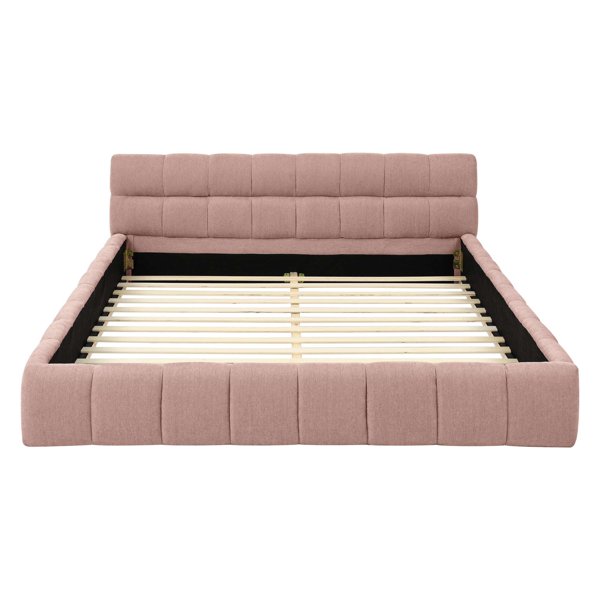 Front view of the bare pink chenille low profile queen bed frame with wood slat base #Color_Pink