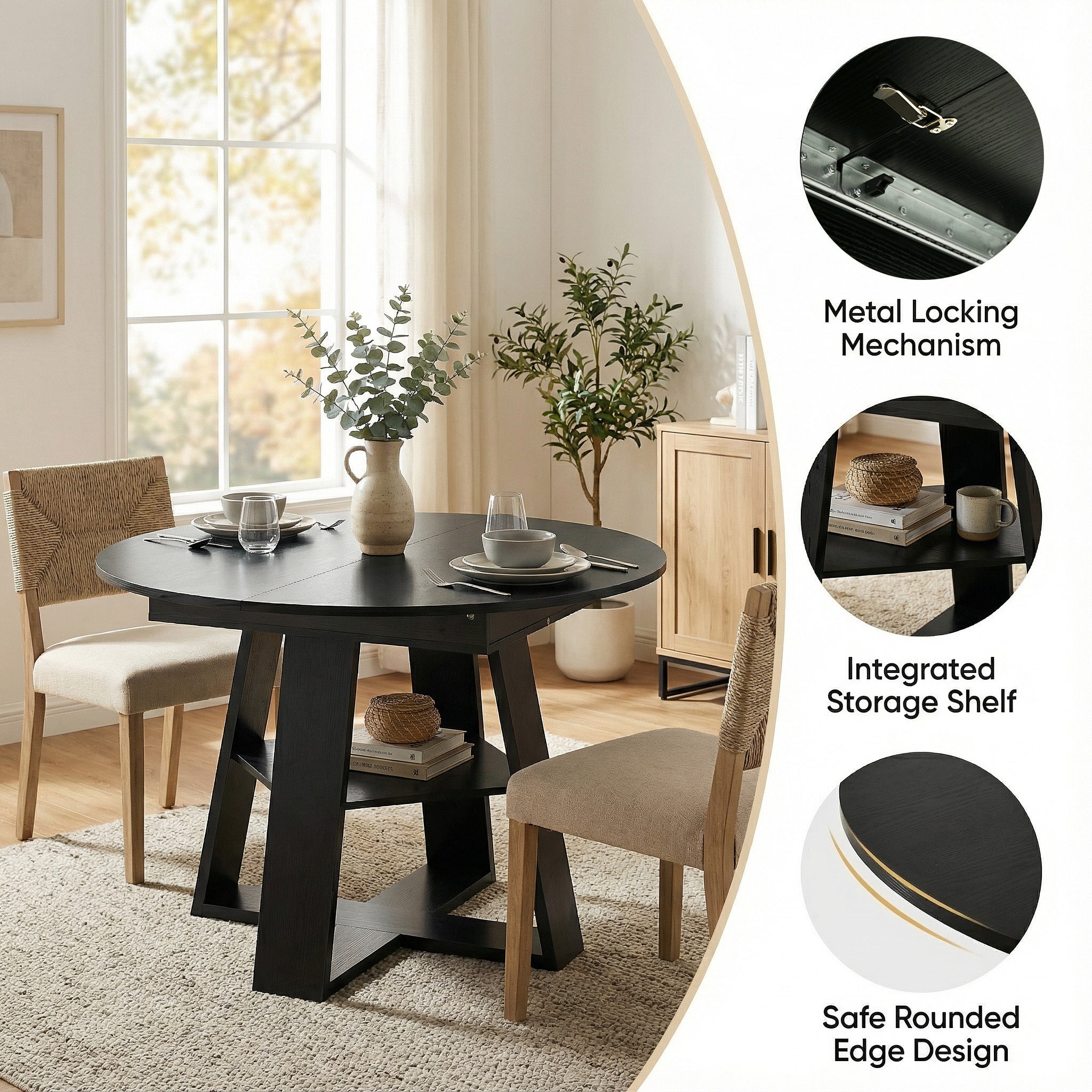 Feature graphic detailing the metal locking mechanism, storage shelf and rounded edges