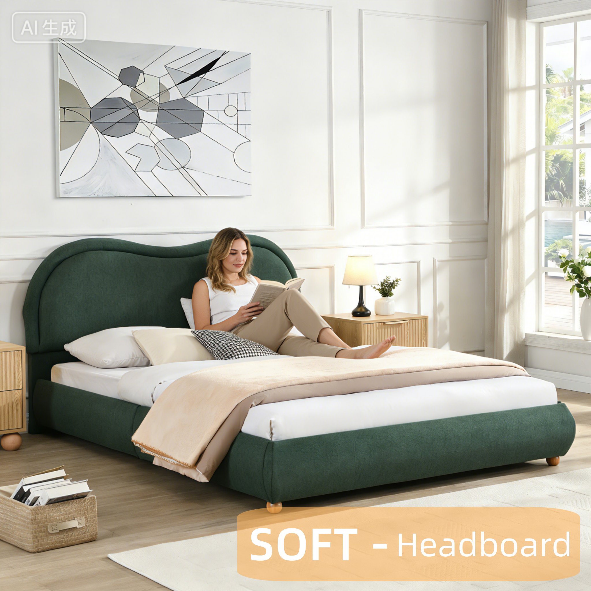 Person leaning against the soft curved chenille headboard of the olive green queen upholstered bed #Color_Olive Green