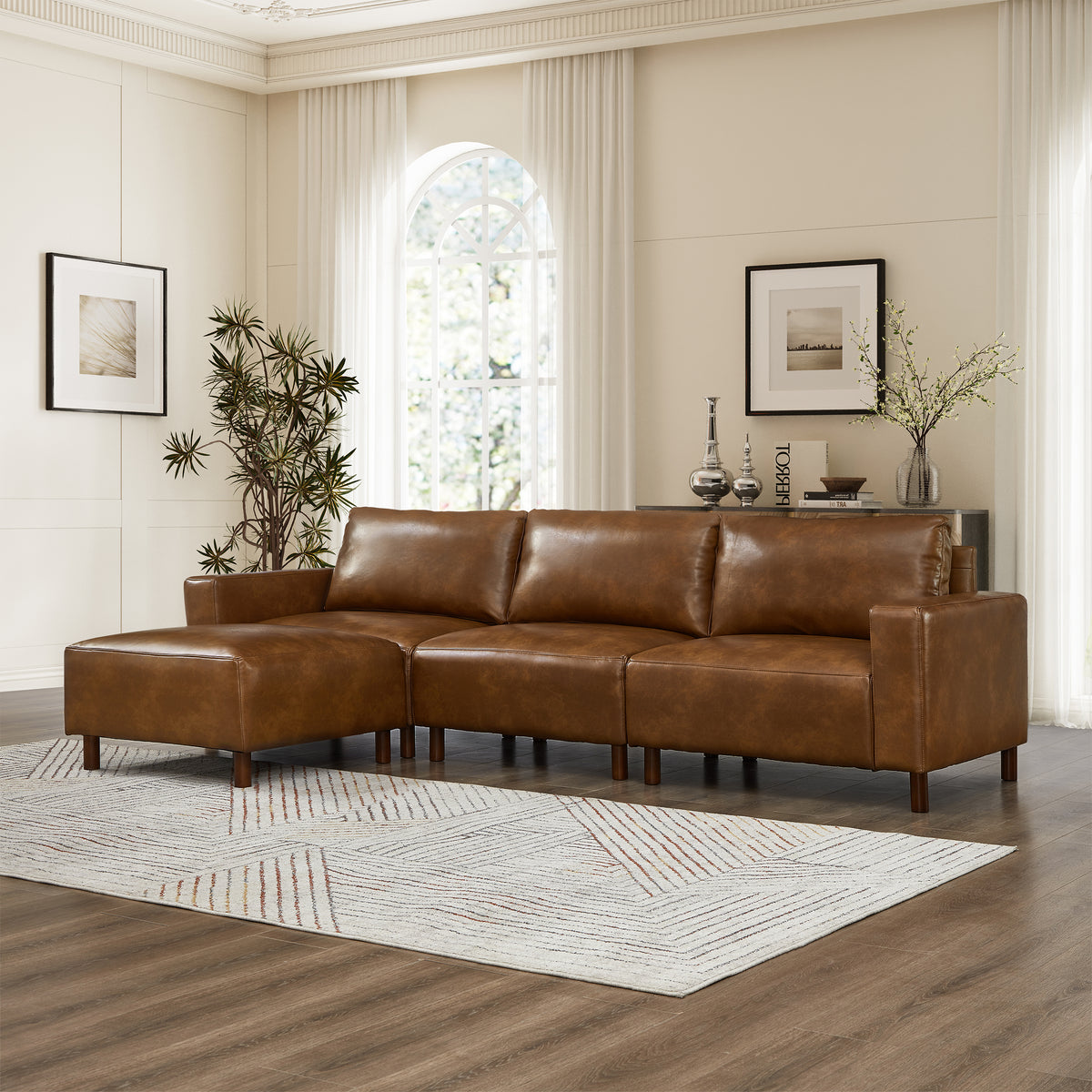 Brown Vegan Leather L-Shaped Sectional with Ottoman, 4-Piece